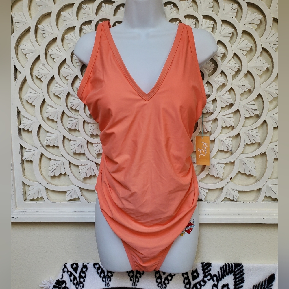 Women's One Piece Swimsuit 18W Kona Sol Peach Orange Ruching Sides Gold …